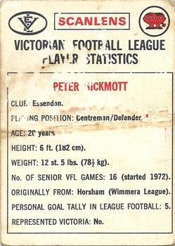 1974 Scanlens VFL #73 Peter Hickmott Back